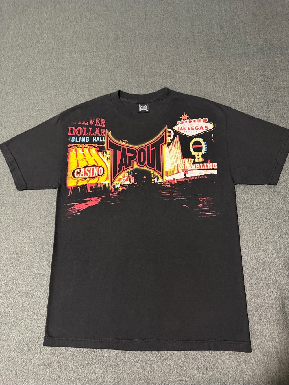 Tapout Black Tee XL with Neon Red and Yellow Las Vegas Graphic
